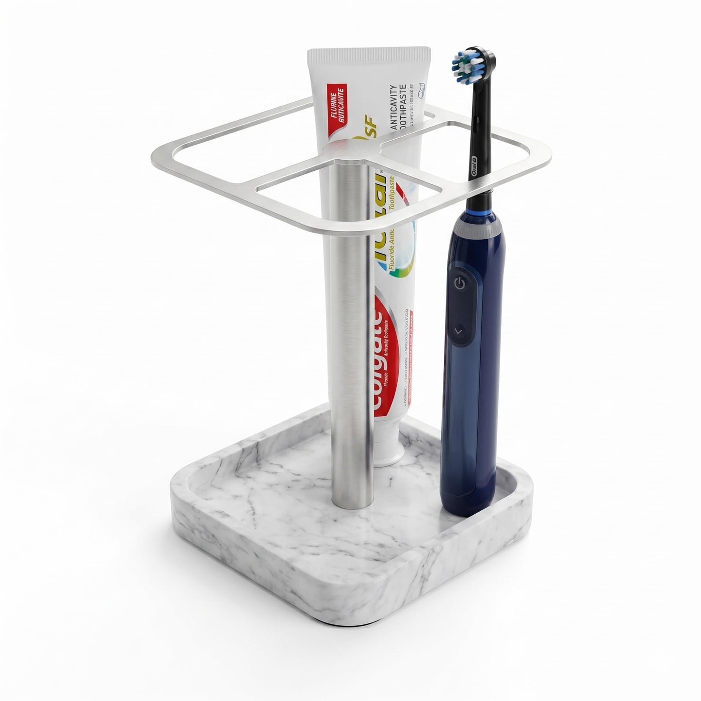 ERSINNO Electric Toothbrush Holder for Bathroom - Resin Marble Base & 304 Stainless Steel Organizer - 3-Slot Toothpaste and Vanity Stand - Space-Saving Bathroom Caddy for Countertop (White Silver)