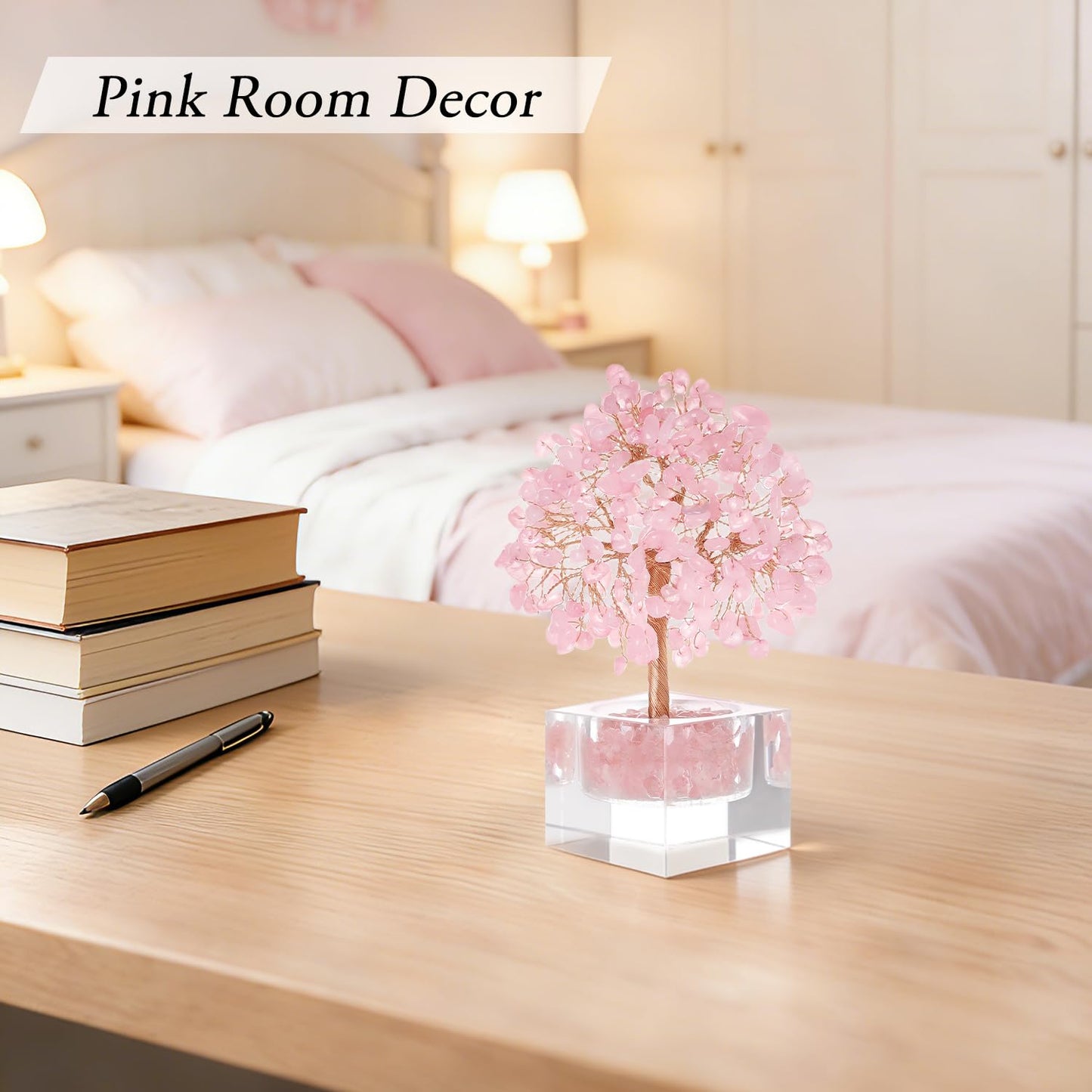 MAGIC AND MIRACLES Feng Shui Natural Rose Pink Quartz Crystal Money Tree Healing Crystals, Bonsai Style Decoration Office Home Desk Decor for Wealth Good Luck, Gifts for Women Mom Friends