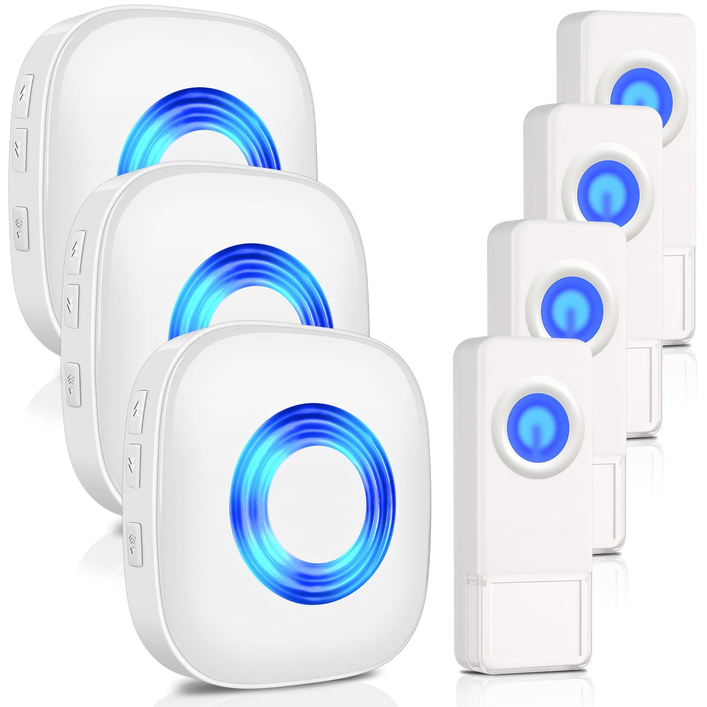 Wireless Doorbell, PHYSEN Waterproof Door bell Chime Kit Operating at 1300-ft Range 58 Adjustable Melodies 5 Volume Levels & LED Flash, Doorbell Alarm for Home/Classroom, 2 Push Buttons+4 Receivers