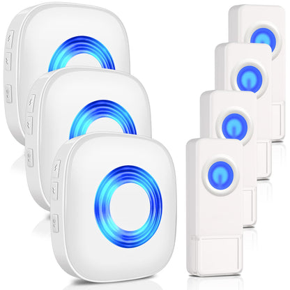 Wireless Doorbell, PHYSEN Waterproof Door bell Chime Kit Operating at 1300-ft Range 58 Adjustable Melodies 5 Volume Levels & LED Flash, Doorbell Alarm for Home/Classroom, 2 Push Buttons+4 Receivers