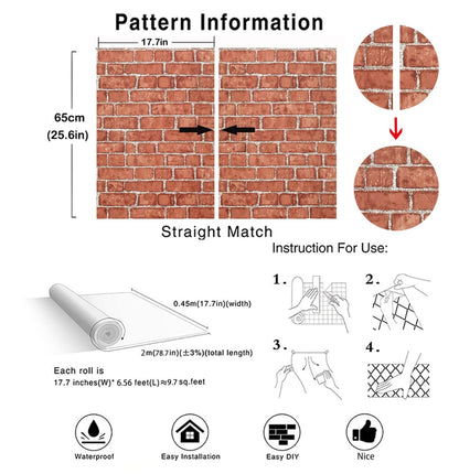 Naphite Red Brick Peel and Stick Wallpaper 3D Faux Brick Contact Paper for Cabinets/Drawers Self Adhesive Removable Wallpaper Wrapping Paper Backsplash Fireplace Kitchen Waterproof 17.7inW 78.7inL