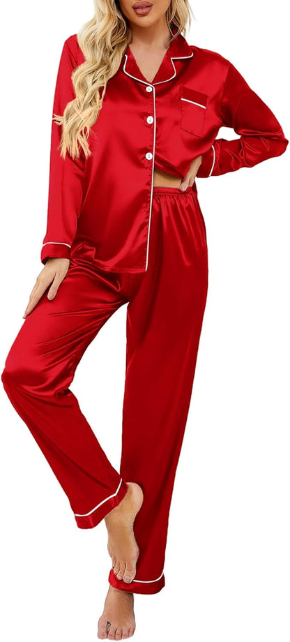 Ekouaer Women's Classic Button Down Long Satin Silk Pajama Set