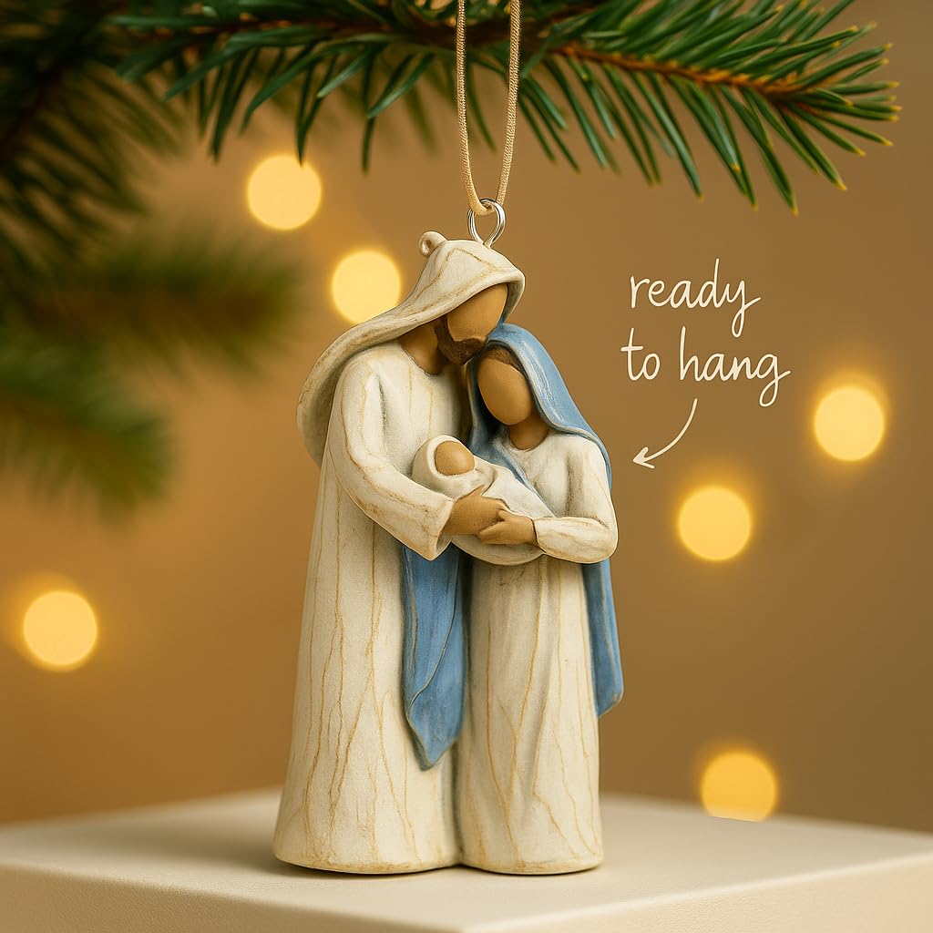Holy Family Nativity Scene Hanging Christmas Ornament – Hand-Painted Resin Décor Religious Gift Keepsake for Xmas Tree or Wreath, Mary Joseph and Baby Jesus Figurine (Holy Family)