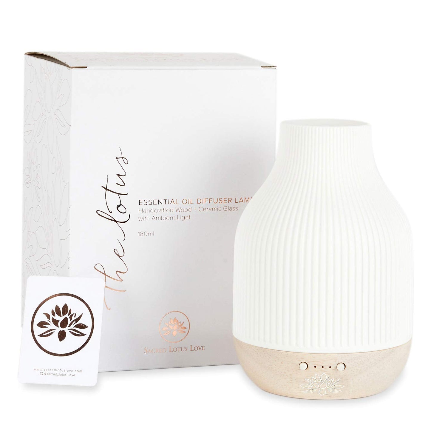 Sacred Lotus Love Ceramic Essential Oil Diffuser – Ultrasonic Aroma Diffuser with Wood Base, Ambient LED Light and Timer Settings