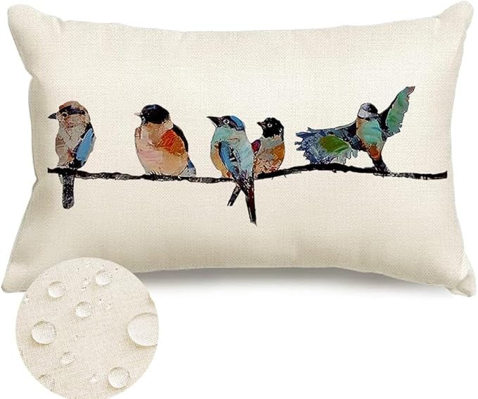 RABUSOFA Outdoor Pillow Covers Waterproof 12x20, Outdoor Bird Lumbar Throw