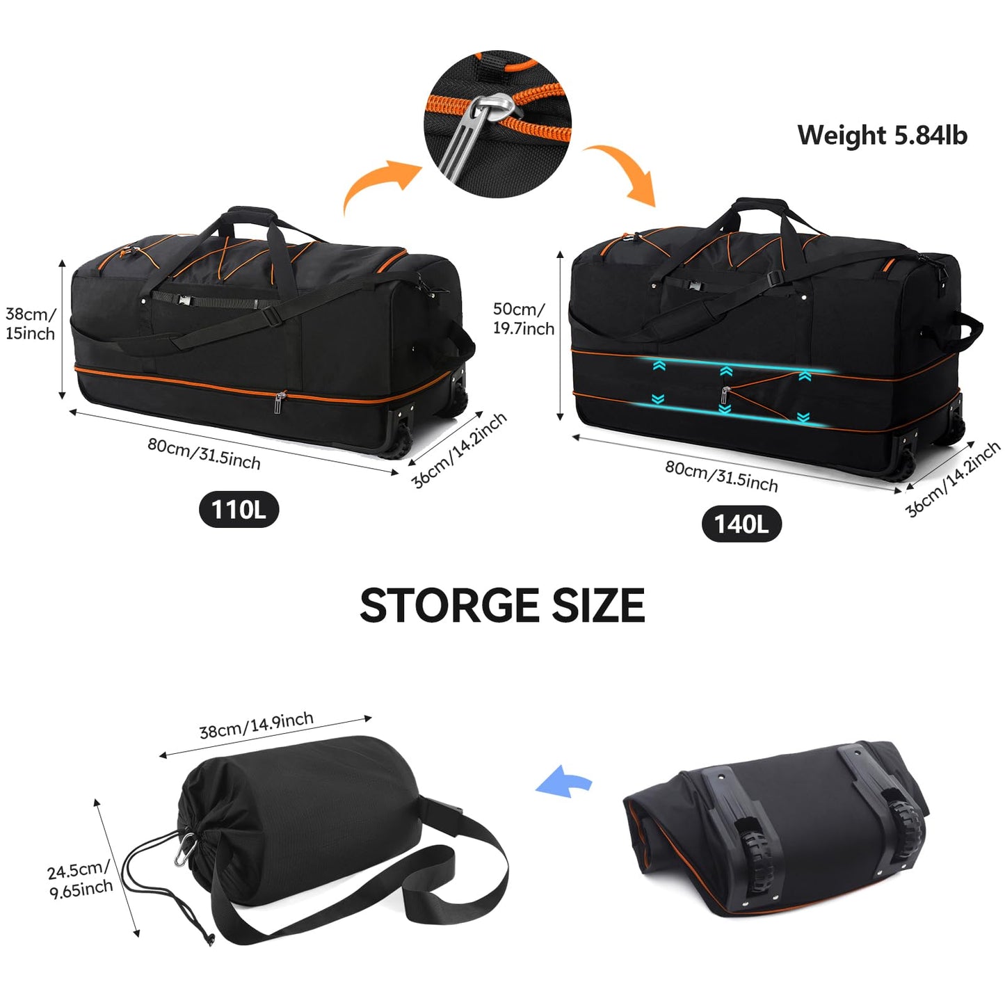 Bagenerous 110L/140L Expandable Soft-Sided Foldable Duffle Bag with 2 Rubber Wheels,Packable 32” Rolling Carry-On with Multi-Pockets & Compartments,Black Orange