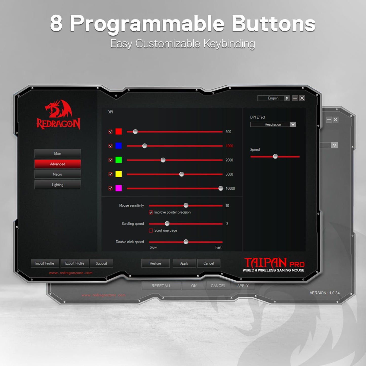 Redragon M810 Pro Wireless Gaming Mouse, 10000 DPI Wired/Wireless Gamer Mouse w/Rapid Fire Key, 8 Macro Buttons, 45-Hour Reliable Power Capacity and RGB Backlit for PC/Mac/Laptop