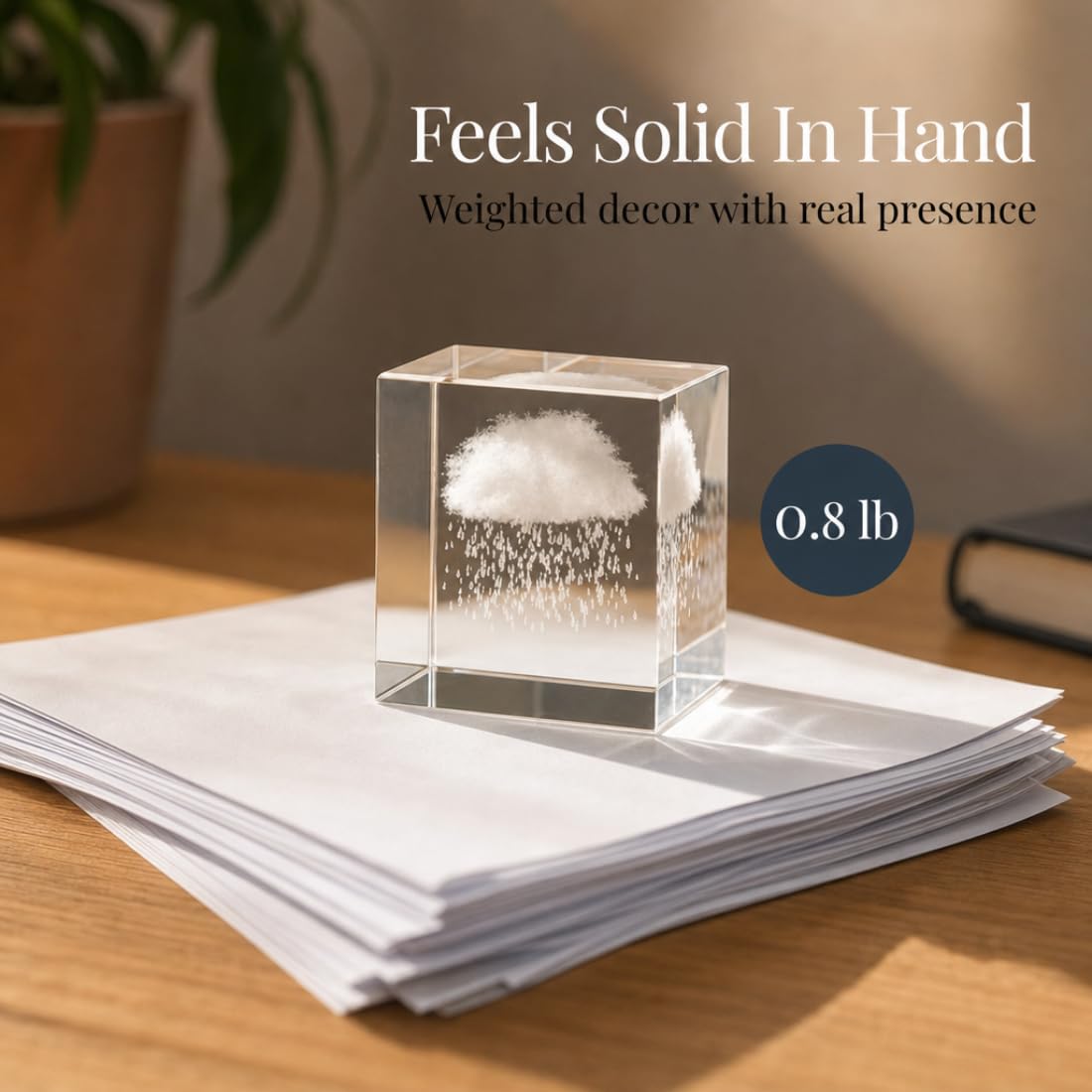 VOXTURA Small Decorative Paper Weight - Aesthetic Cute Crystal for Desk Shelf Sitter Office Decor - Rain Cloud Cube, Stress Relief Gifts for Coworkers (2.4")