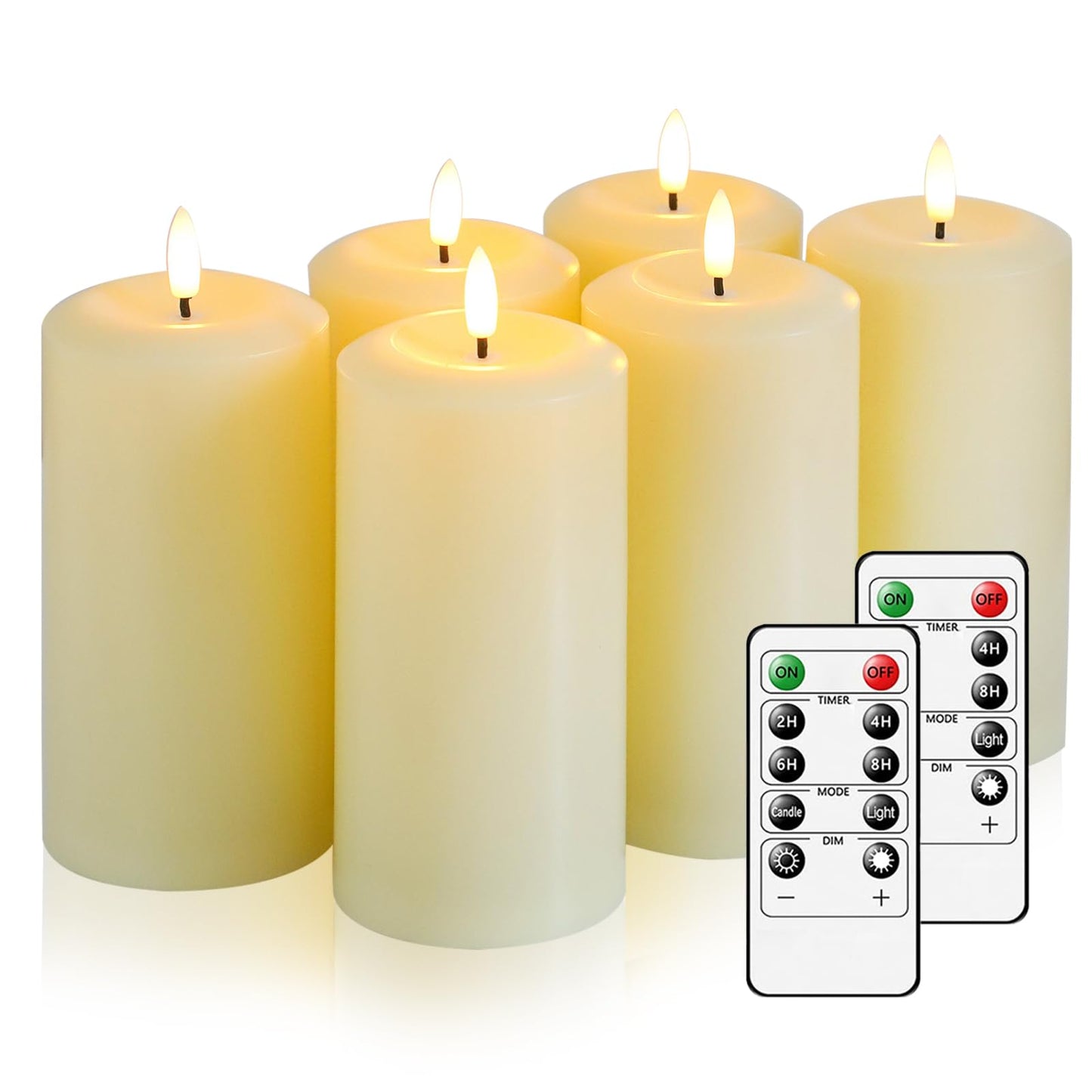 Hinabichan Flameless Candles Battery Operated with Remote and 2/4/6/8 H Timer, 6pcs Flickering Fake Electric Candles for Festival Home Party Decor (D3 x H 6") (Ivory)