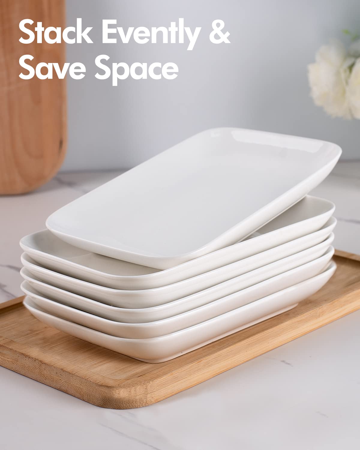 DELLING 8 Inch Rectangular Appetizer Plates Set of 6, Porcelain Salad Dessert Plates White, Small Serving Plates for Sushi Snack, Microwave Oven Dishwasher Safe, Stackable Ceramic Plates