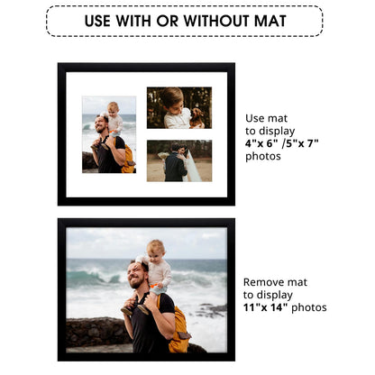 Golden State Art, 11x14 Black Wood Picture Frame - White Mat for 5x7 and 4x6 Photos - Real Glass, Sawtooth Hanger, Swivel Tabs - Wall Mounting - Great for Posters, Weddings, and Engagements