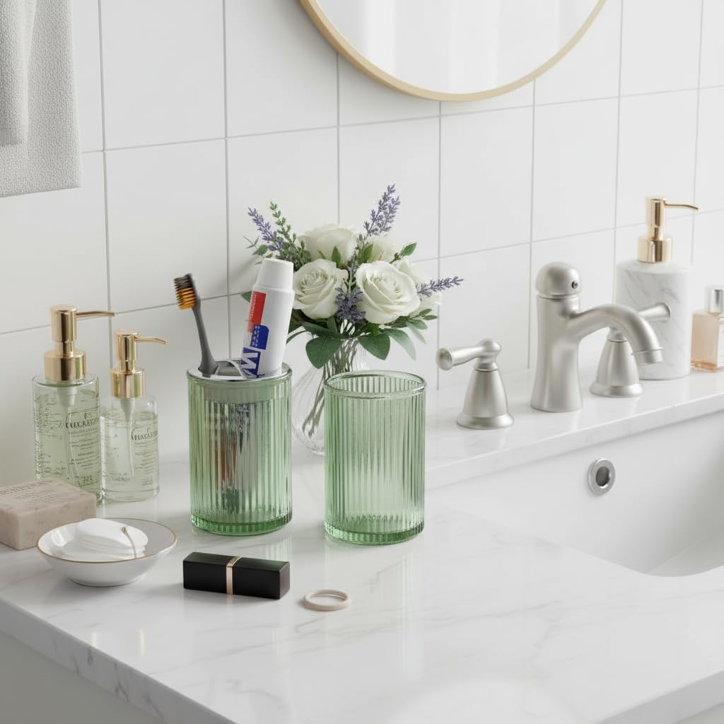 Tonxus Green Toothbrush Holders for Bathrooms, 2pcs Glass Toothbrush Holder and 12oz Bathroom Tumbler Cup Set, Silver Tooth Brush and Toothpaste Organizer for Bathroom Vanity Countertop