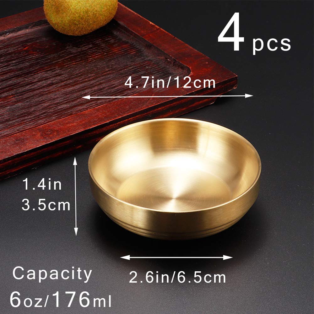 Roucerlin 4 PCS 6 OZ Small Double Deck Stainless Steel Sauce Dish, Round Condiment Tray, Mini Sauce Plate, Sushi Dipping Bowls, Condiment Dish for Restaurant, Home (4 PCS)