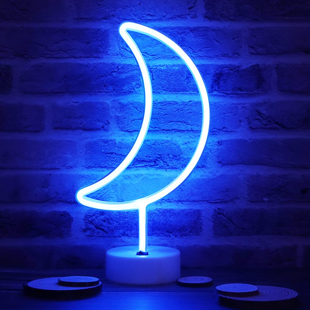 Vicila Neon Moon Lights, LED Moon Decor Neon Signs Crescent Night Lights Art Decorations Lamp for Party Supplies, Children Kids Girls Gift-Holder Base(Blue)