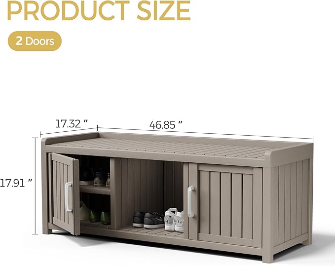 Storage Bench - Waterproof Resin Shoe Bench with Adjustable Shelves - Indoor & Outdoor Use, 2 Doors Entryway Bench with Hidden Storage Space - Storage Cabinet for Bedroom, Hallway, Grey