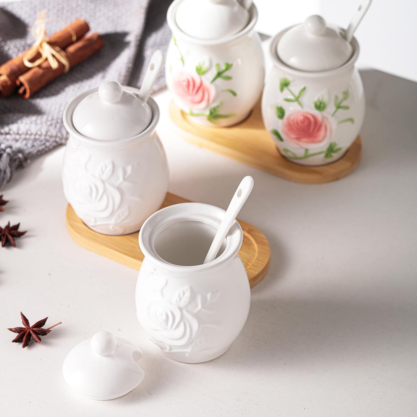 Seasonsplan Hand Drawn Relief ceramics Ceramic Sugar Bowl 2 Pack, PorcelainJar with Tray, Spoon and Lid for Sugar, Pepper, Coffee, Spice, Salt, 8 Ounces (White Relief)