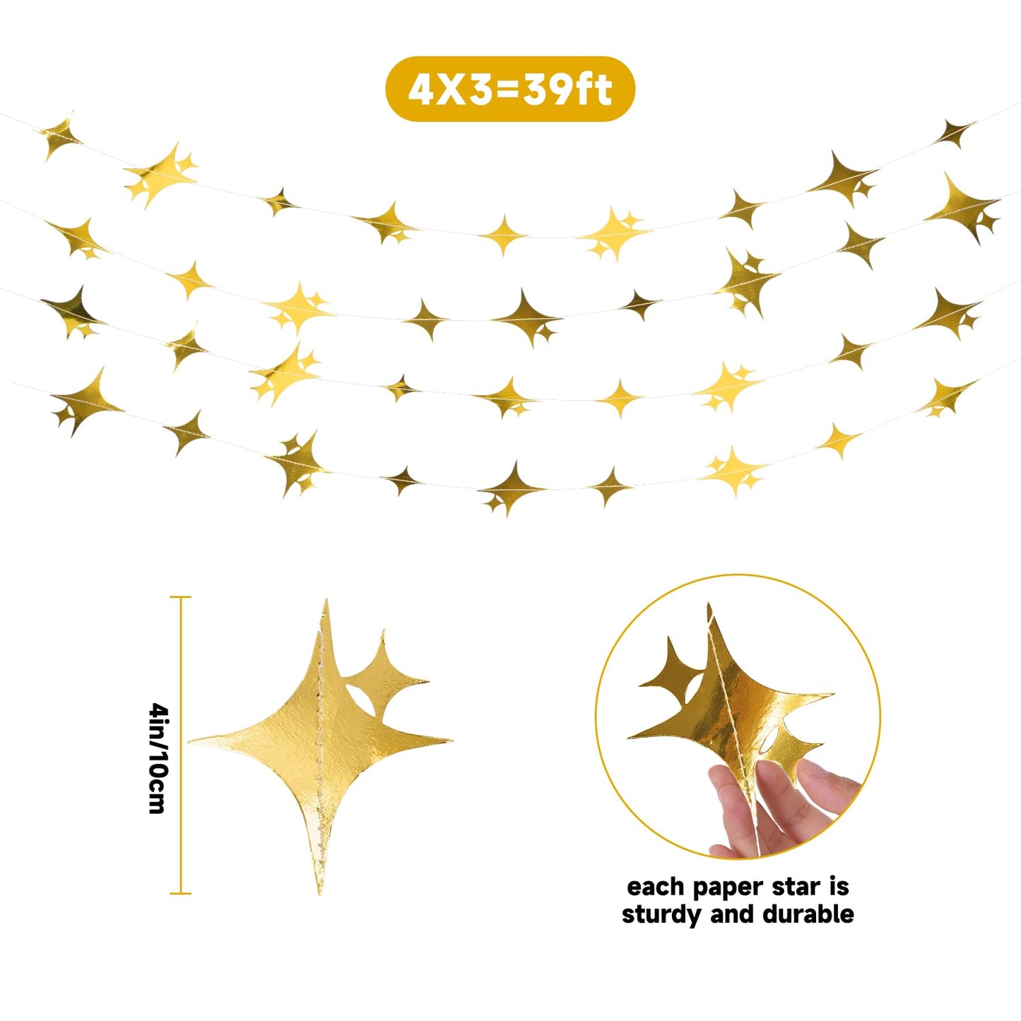 jijAcraft Glitter Gold Four-Angle Star Garland Decorations Hanging Garands Banner Backdrop, Star Party Decoration for Birthday Baby Shower Wedding Kids Room Ramadan EID Graduation Decor (39 Feet)