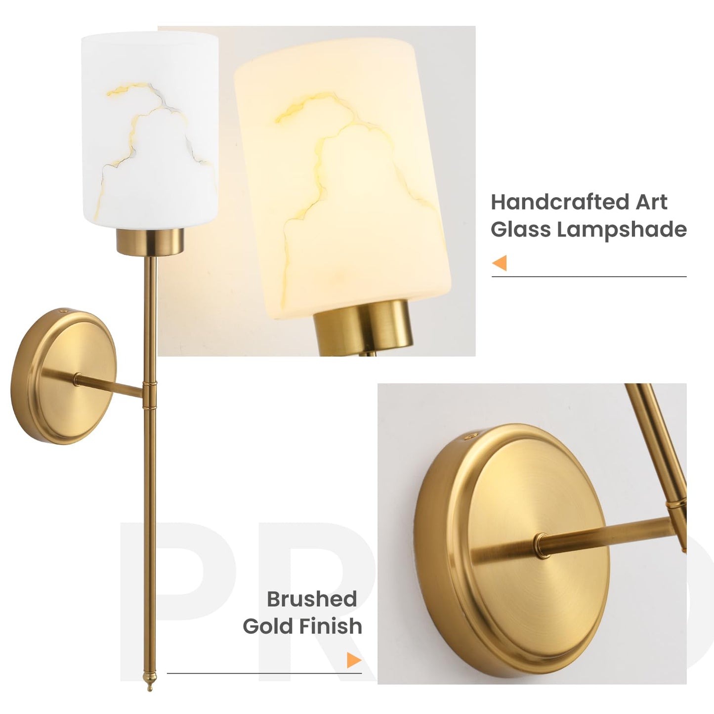 Mieloxiy Gold Wall Sconces Set of 2 with Marble Glass Shade, Modern Bathroom Vanity Light Fixtures for Bedroom, Hallway, Entryway, Living Room