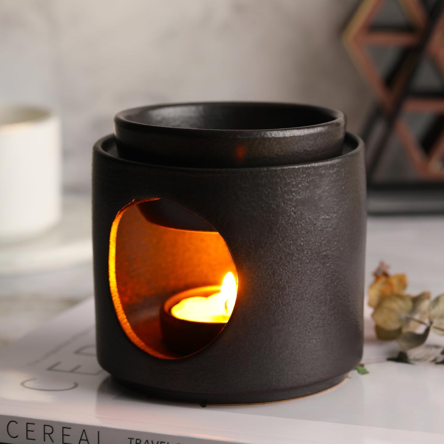 Zweipappel | Wax Burner | Tealight Warmer Ceramic | Wax Melt Candle Melter| Duftlampe | Scented Oil Diffuser with Tealight | Size H*11cm ø10cm with Removable Bowl & Tealight Holder | Matt Painting