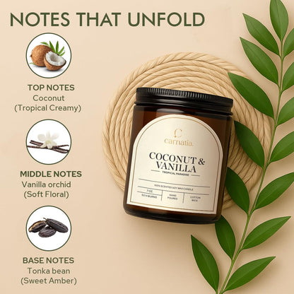 Carnatia Coconut & Vanilla Scented Candle – 7 oz | 100% Soy Wax with Cotton Wick | 50 Hour Burn | Aromatherapy Candle for Home, Stress Relief & Relaxation | Gift for Women & Men