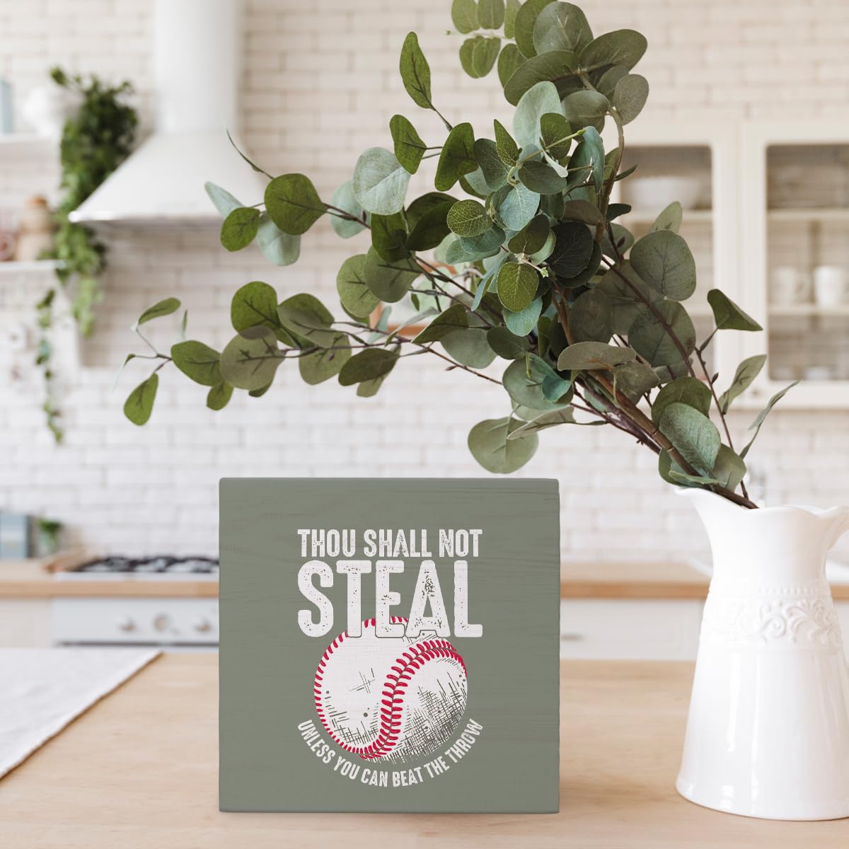 Funny Retro Baseball Wood Signs for Office Desk Decor, Baseball Lover Gifts ffice Desk Accessories, Sports Fan Gifts Home Shelf Decor,Thou Shall Not Steal Unless You Can Beat The Throw 5x5(Christmas)