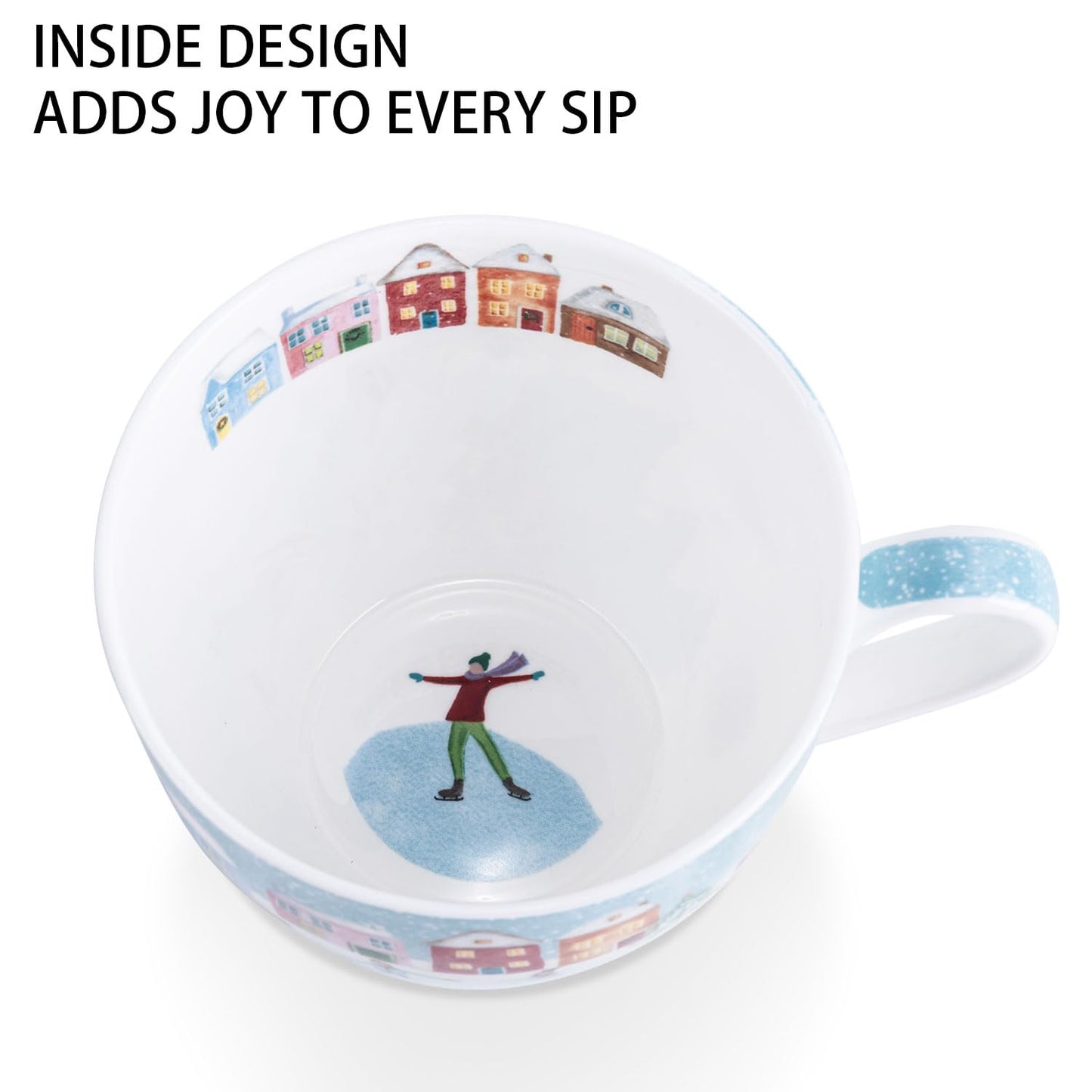 Christmas Skating Mug - 20 oz Bone China Winter Coffee Mugs with Snowy Village, Perfect Holiday and Christmas Gifts for Friends and Family - Designed in England by Harvest Green Studio