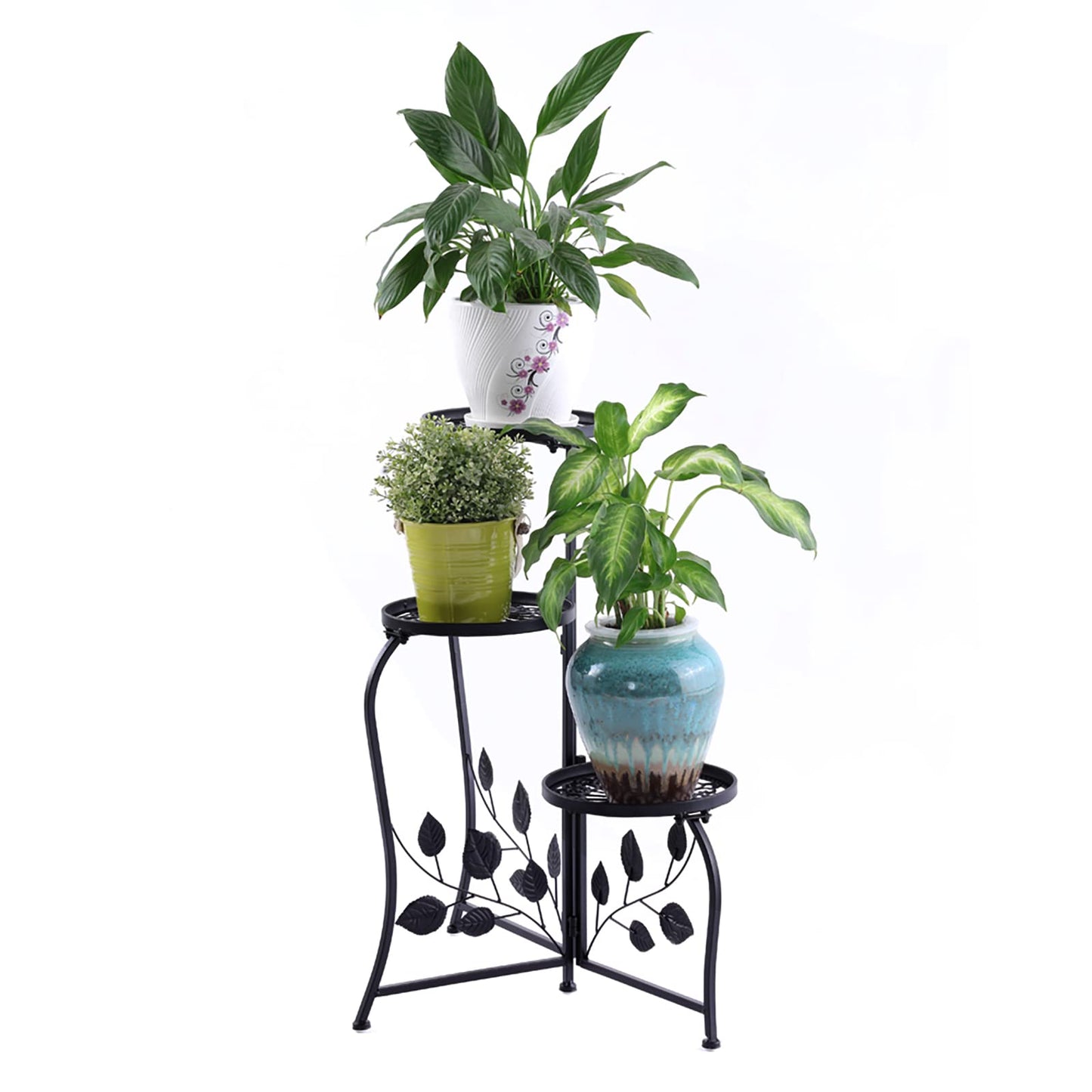 DAZONE 3-Tier Plant Stand for Indoor and Outdoor Use, Black Wrought Iron Metal Plant Shelf Holds 3 Pots, Space-Saving Decor for Corner, Balcony, Bedroom, Garden