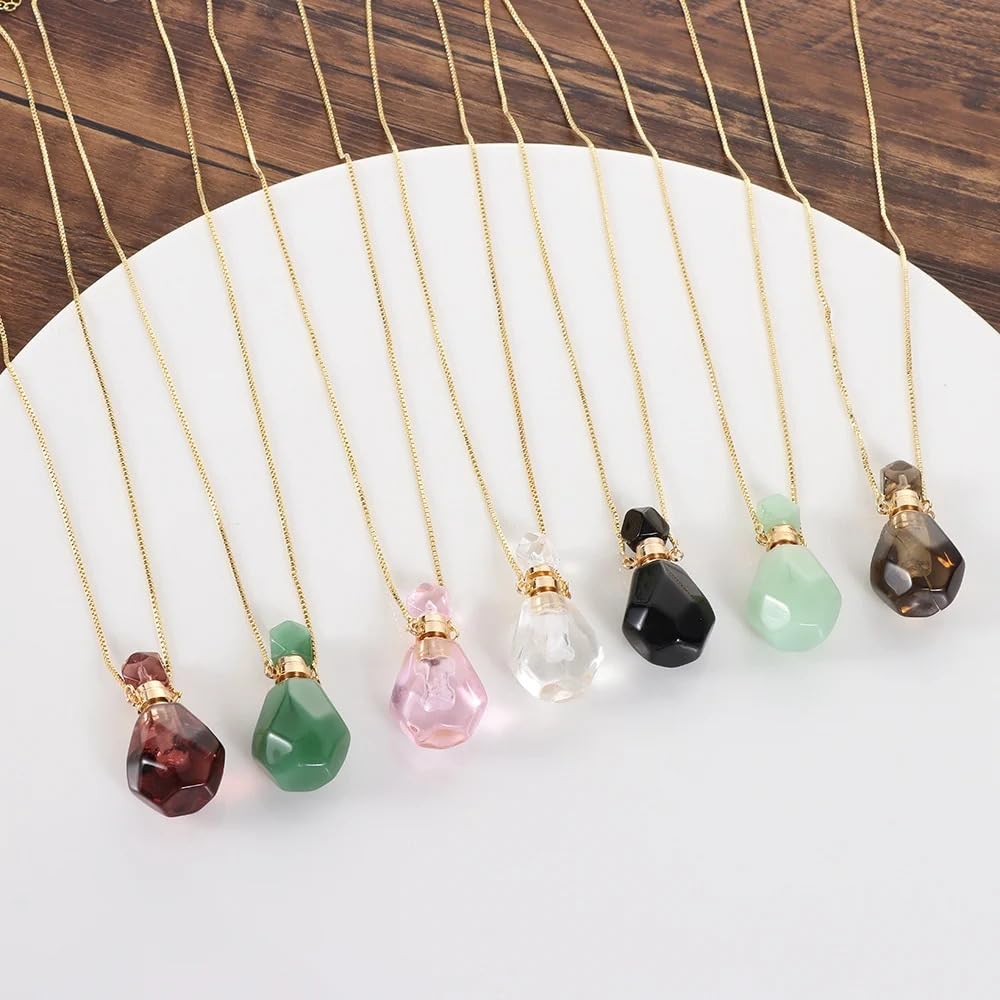 14K Yellow Gold Natural Stone Vial Necklace For Women - Glass Pendant Water Drop Jar Perfume Jewelry - Container For Liquid Oil Diffuser