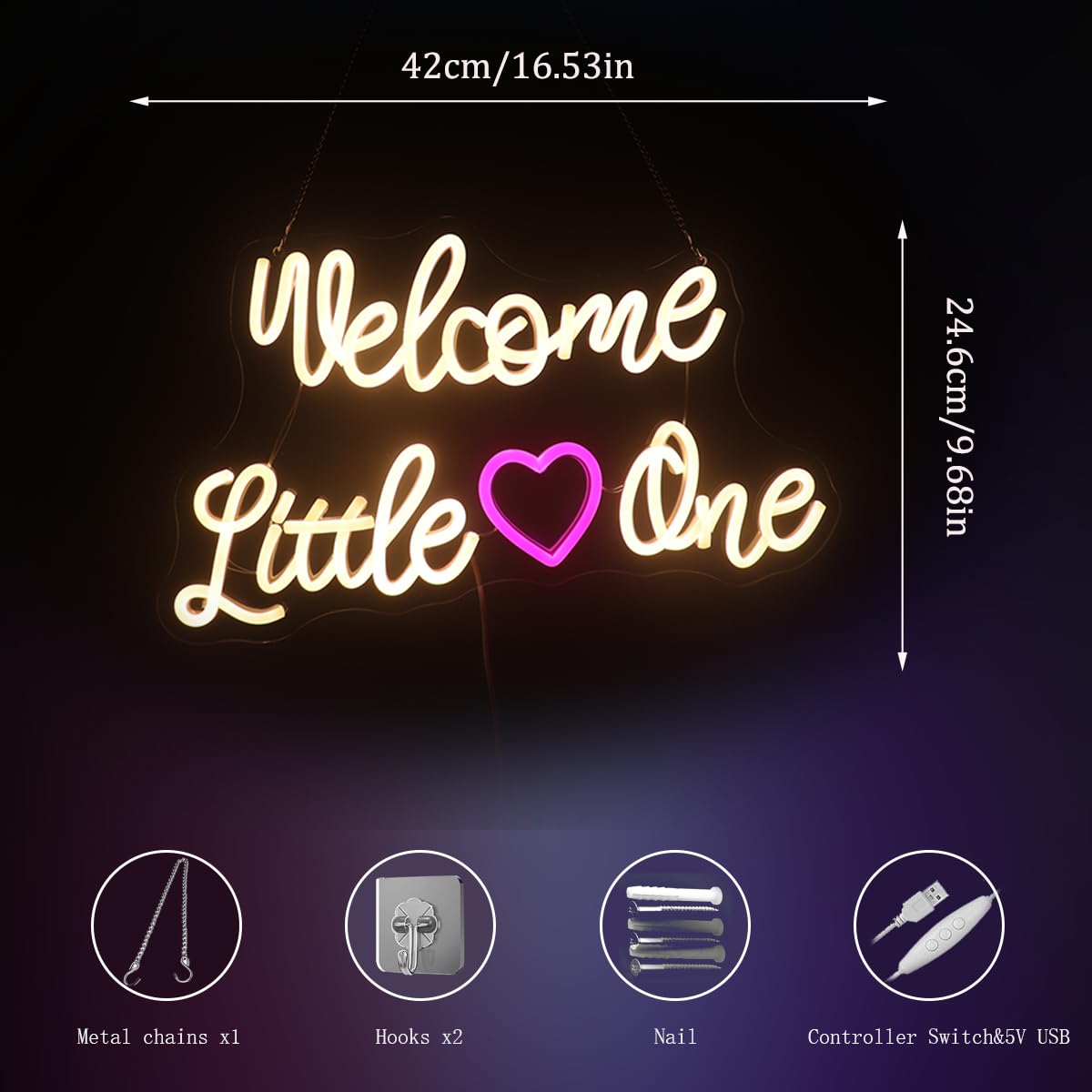 "Welcome Little One" Heartwarming Nursery Light, Gentle Joyful LED Wall Art for Baby's Room, Shower Gift, New Parent's Home/Family Entryway, Dimmable USB, Sweet Arrival Gift for Newborns & Families