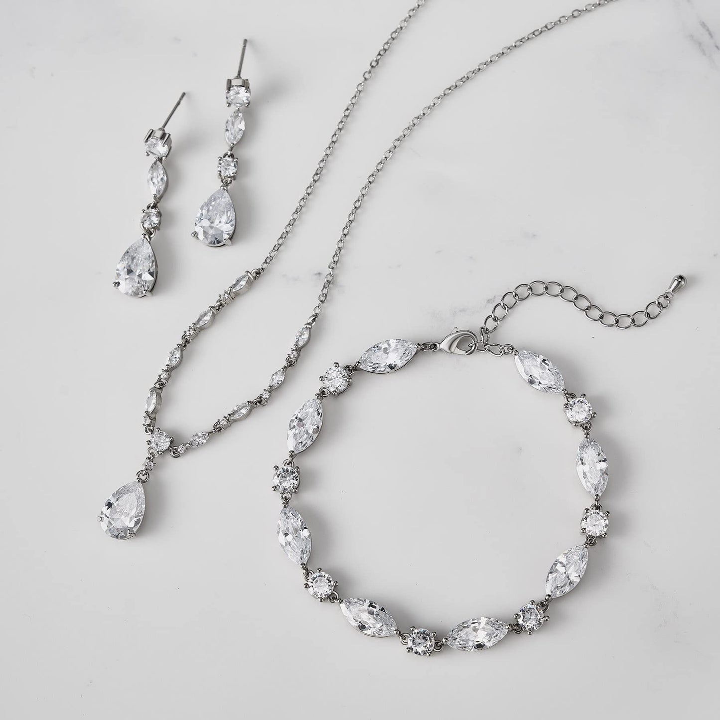 SWEETV Bridal Jewelry Set for Wedding, Cubic Zirconia Necklace Dangle Drop Earrings Bracelet Set, Teardrop Marquise Brides Bridesmaids Wedding Prom Anniversary Jewelry Gifts for Women