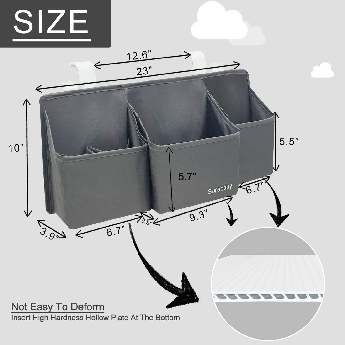 surebaby Hanging Baby Diaper Caddy, 3-in-1 Diaper Caddy Organizer Holder For Baby Crib, Nursery Organization Diaper Stacker Storage For Crib, Changing Table, Car, Wall-Grey