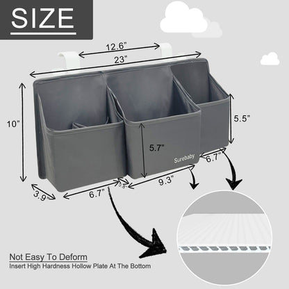 surebaby Hanging Baby Diaper Caddy, 3-in-1 Diaper Caddy Organizer Holder For Baby Crib, Nursery Organization Diaper Stacker Storage For Crib, Changing Table, Car, Wall-Grey