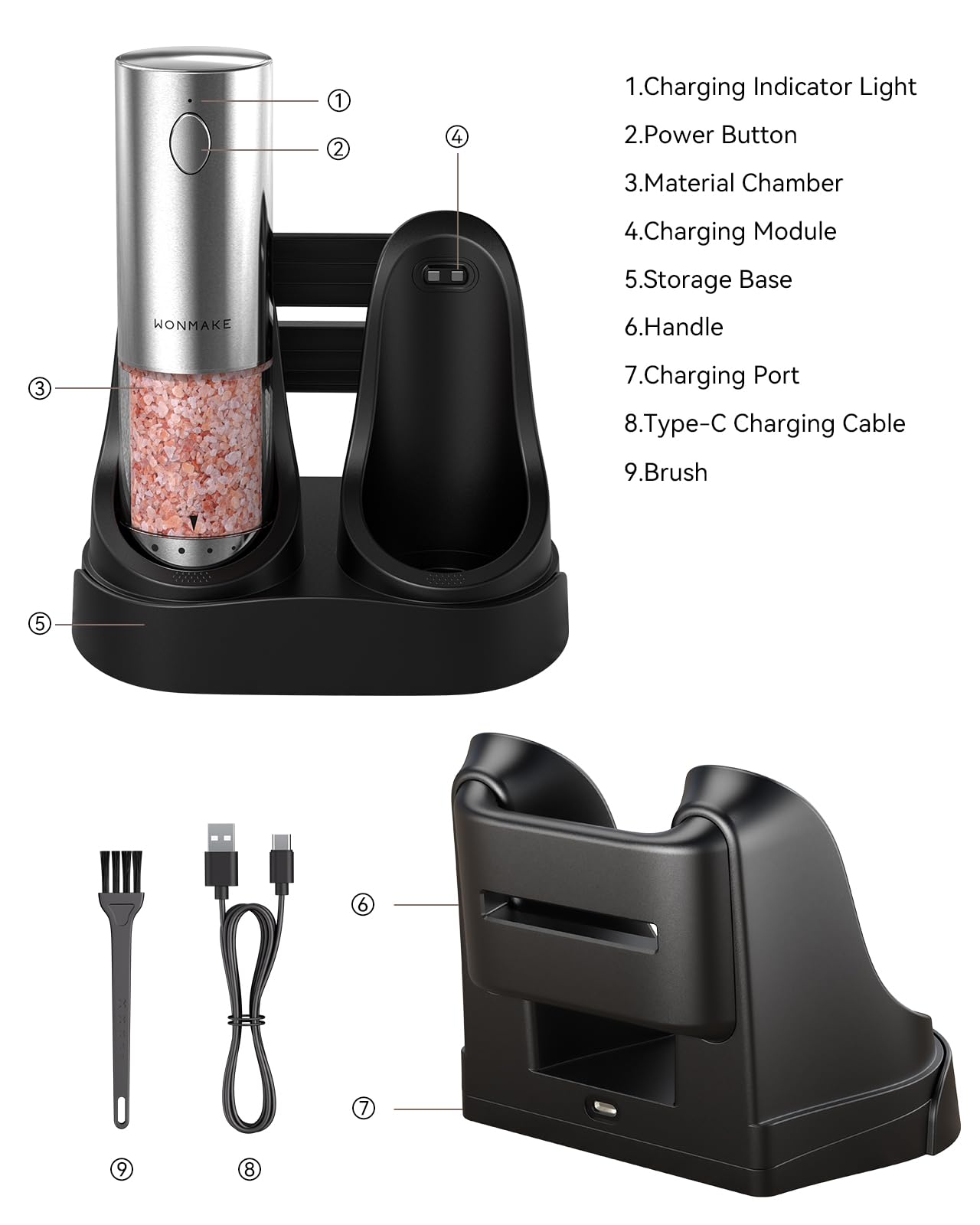 Electric Salt and Pepper Grinder Set - Automatic Refillable Salt and Pepper Grinders with Charging Base & LED Light, 6-Level Adjustable Coarseness with External Dial, Ideal Kitchen Gadget，Silver