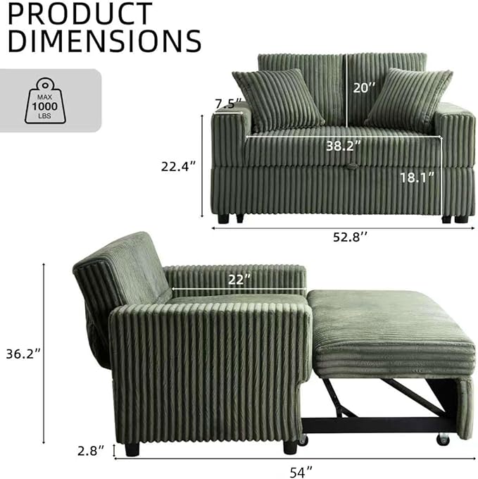 3 in 1 Convertible Sofa Bed，52.8" Pull Out Couch