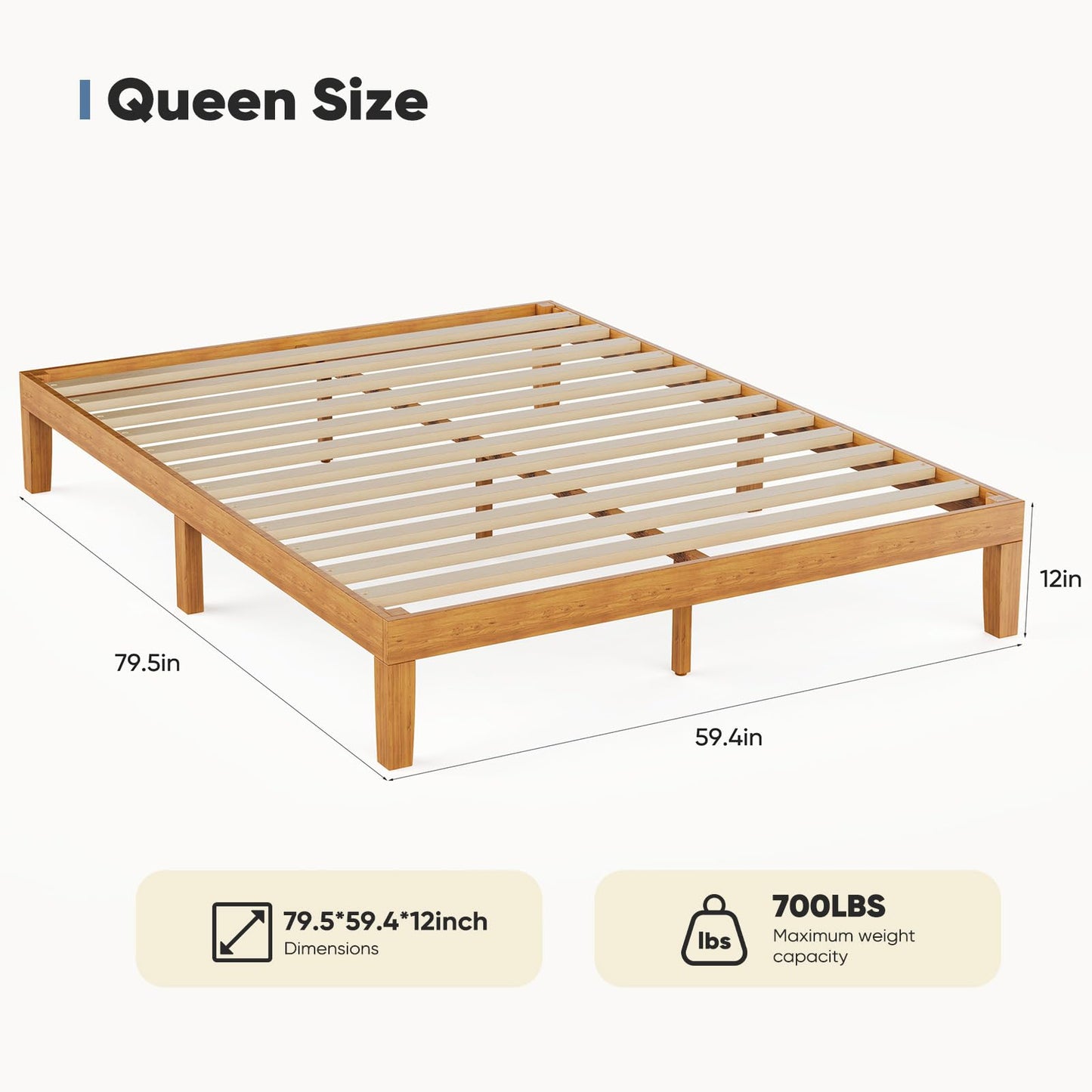 Sweetcrispy Queen Wood Platform Bed Frame, Solid 1000LBS Heavy Duty Bed Base with Wooden Slat Support, Sturdy, Stylish & Noise-Free Design, No Box Spring Needed, 12IN Natural Pine