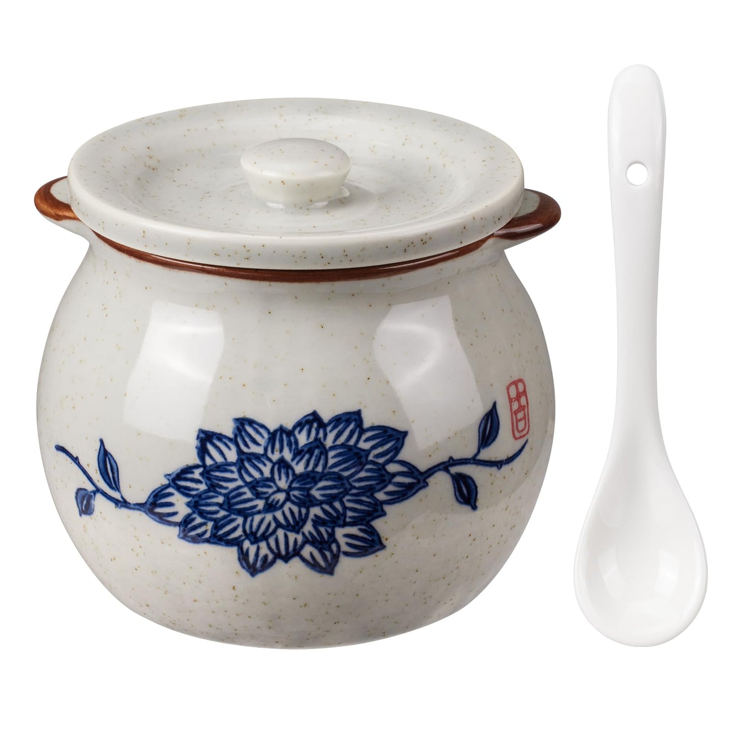hengshukeji Sugar Bowl with Lid and Spoon,Vintage Ceramic Seasoning Jar, 10oz Stoneware Sugar Salt Holder, Glazed Condiment Container for Kitchen Counter (Lotus)