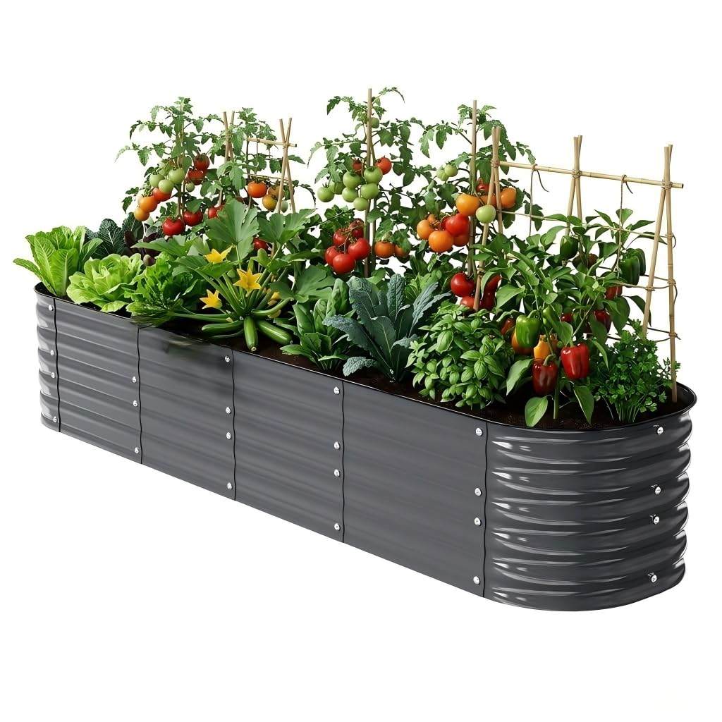 FarmGeo Raised Garden Bed Kit 8 x 2 x 1.4 ft, 9-in-1 Modular Metal Raised Garden Bed Outdoor, Powder-Coated Galvanized Planter Box for Vegetables, Herbs and Flowers （Gray）