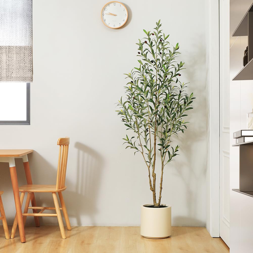LOMANTO Artificial Olive Trees, 6 ft Tall Fake Olive Trees for Indoor, Faux Olive Silk Tree, Large Olive Plants with White Planter for Home Decor and Housewarming Gift, 1 Pack