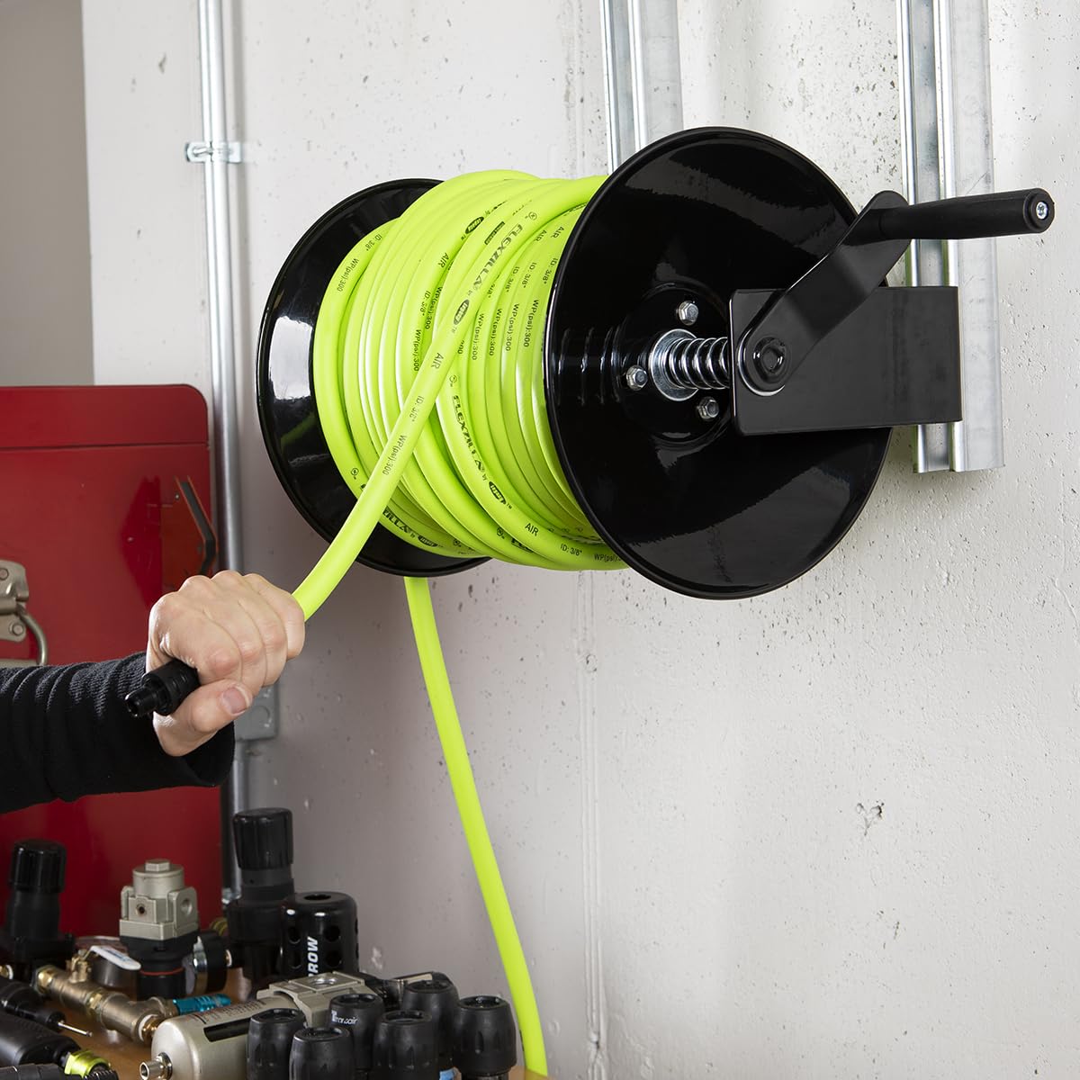 Flexzilla Manual Open Face Air Hose Reel, 3/8 in. x 100 ft., Heavy Duty, Lightweight, Hybrid, ZillaGreen - L8652FZ
