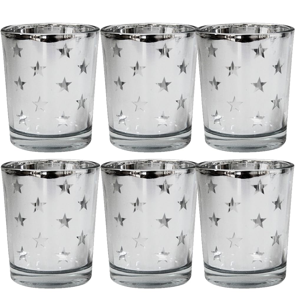 QIAOIDEA Mercury Votive Candle Holder Set of 6, Star Design Silver Mercury Glass Tealight Candle Holders, Perfect for Home, Parties, and Wedding Décor