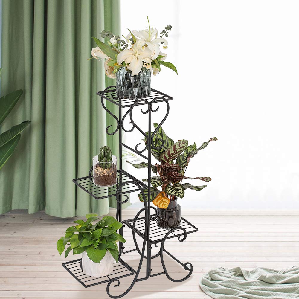 VINGLI Metal Plant Stand Flower Holder Racks Patio Stand Holder Outdoor Displaying Plants Flowers (Black- square) (30.9" H- 4 Tier)