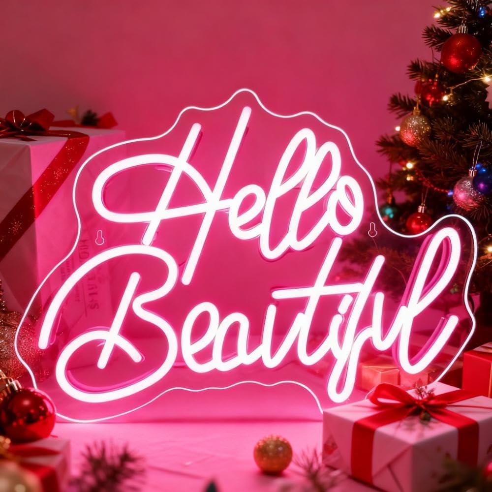 Hello Beautiful LED Neon Sign - USB Powered Dimmable Neon Light for Bedroom Living Room Dorm Home Decor Party Wall Table Art Decorations Gift for Teen Girls Women 16.5 x 11 In