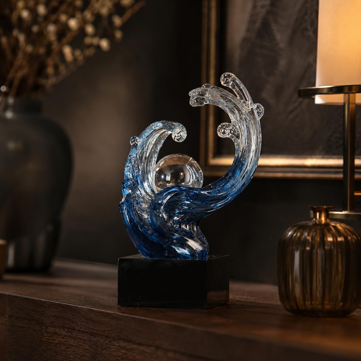 XYQXYQ Modern Abstract Decorative Wave Statue, Gold Abstract Art Home Decor,Crystal Ball Art Wave Resin Sculpture, Office Desk Stand, Dining Table Center Decorative Aesthetics (Blue)