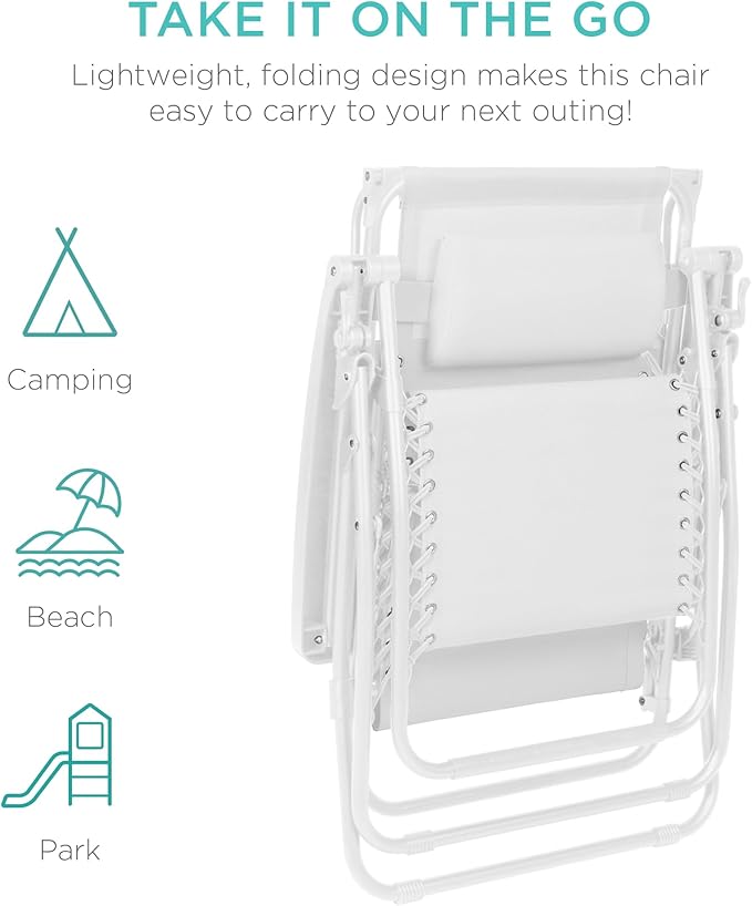 Best Choice Products Folding Zero Gravity Outdoor Recliner Patio Lounge Chair w/Adjustable Canopy Shade, Headrest, Side Accessory Tray, Textilene Mesh - Snow