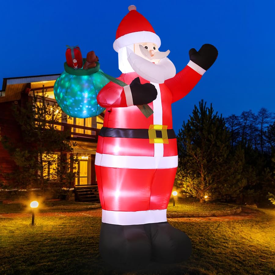 12FT Giant Christmas Inflatables Outdoor Decorations - LED Lighted Blow Up Santa Claus with Gift for Yard, Garden & Lawn - Inflatable Santa with Rotating Lights for Holiday Xmas Party Decor