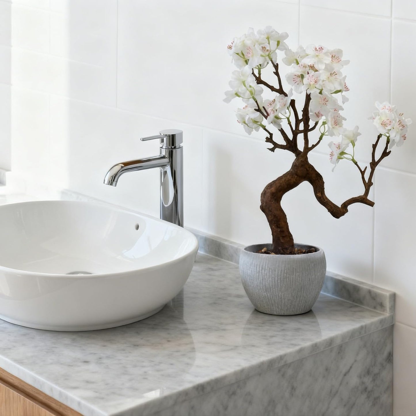 TOARTi Artificial White Cherry Blossom Potted Plant with Stone Pot, 12.2" Tall Fake Flowers Faux Plant Desk Decor, Decorative Plants Indoor Decor for for Home Bedroom Bathroom Office Desk