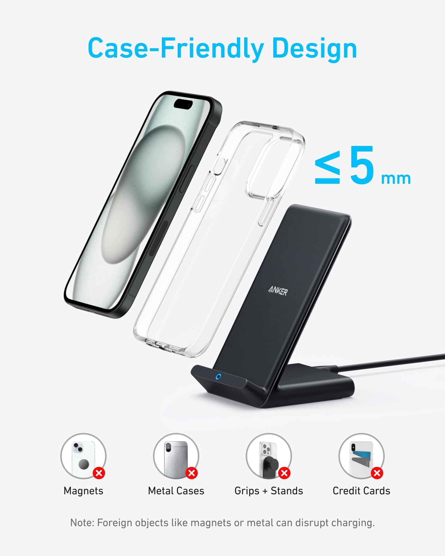 Anker Wireless Charger, PowerWave Stand, Qi-Certified for iPhone 17/16/15/14/13/12 Series, SE, 11, 11 Pro, 11 Pro Max, XR, Xs Max, 10W Fast-Charging Galaxy S20 S10 S9 S8, Note 10 (No AC Adapter)