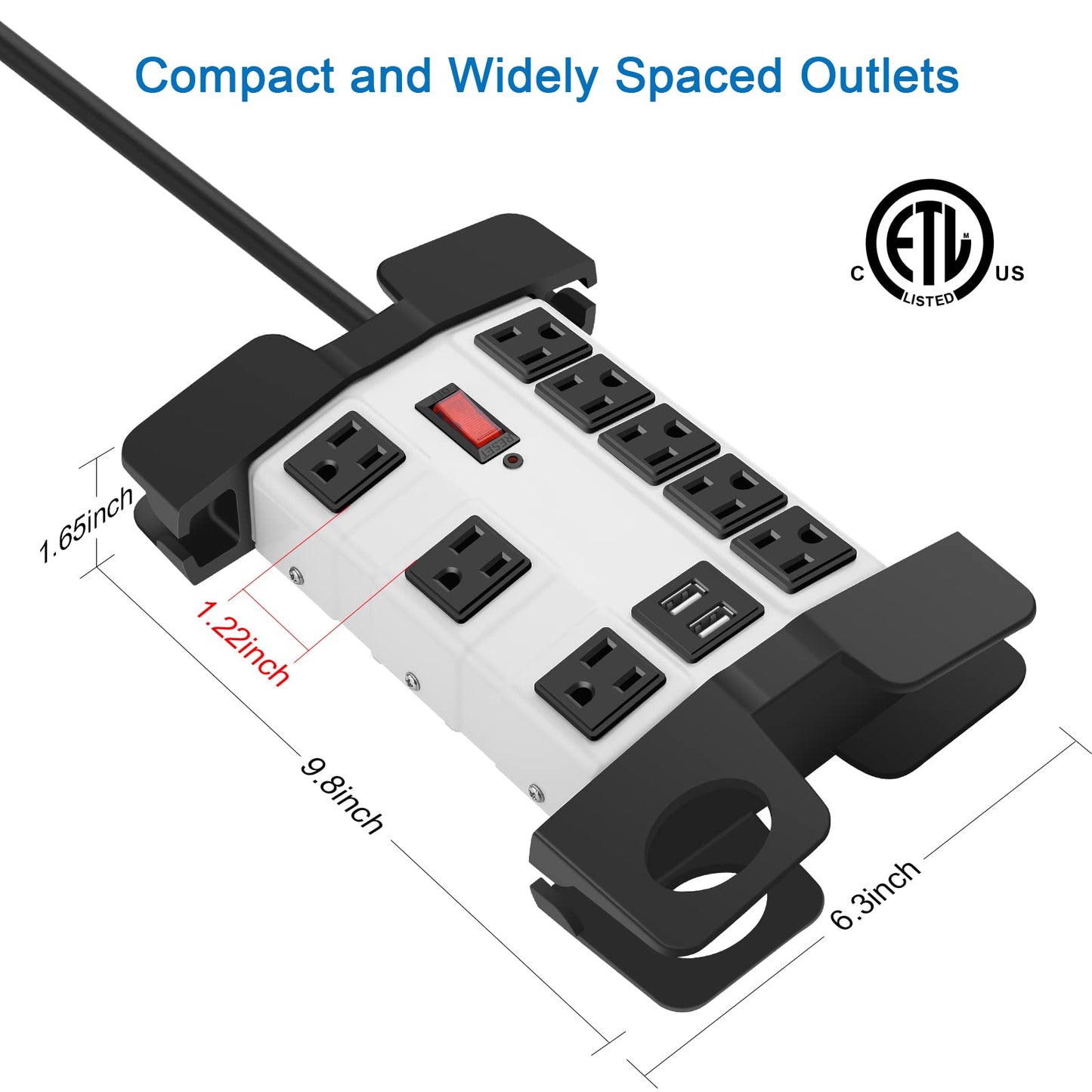 Heavy Duty Power Strip with USB, Workshop 8 Outlet Surge Protector 2700 Joules, Industrial Metal 15Amp Power Strip, 6FT Extension Cord and Wide Spaced. Yellow