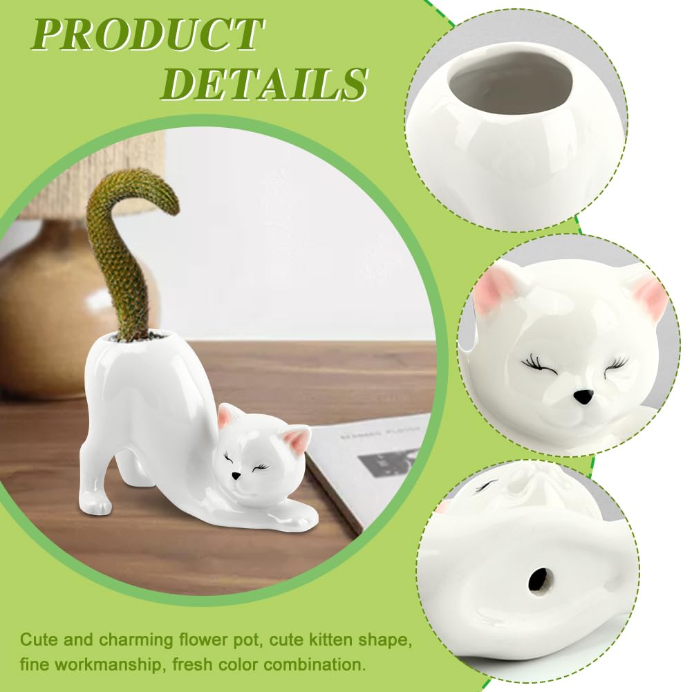 HKZTUY Ceramic Cat Planter Pot for Succulents and Cactus, Small Indoor Kitty Flower Pot with Drainage Hole, 5.71 x 2.95 x 3.86 in, Cute Desk Shelf Home Office Decor, White