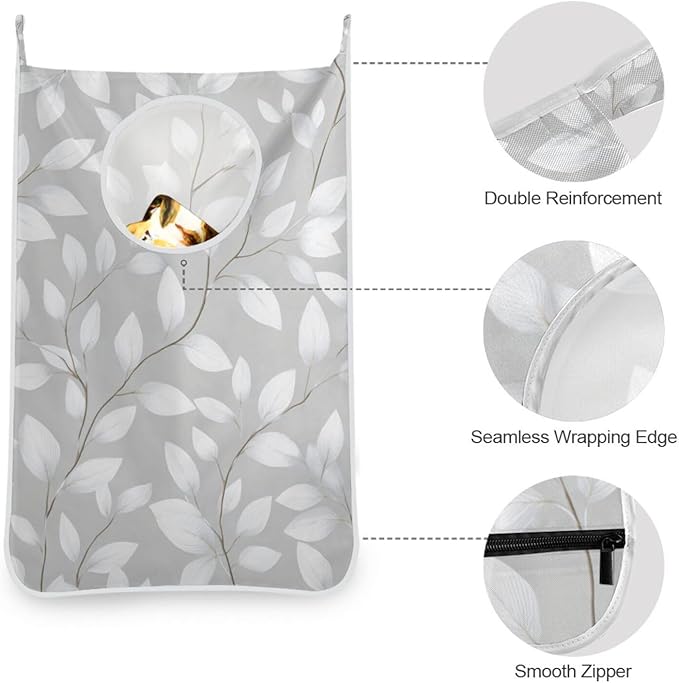 Grey Simple Leaves Hanging Laundry Hamper Door Hampers Bag Basket